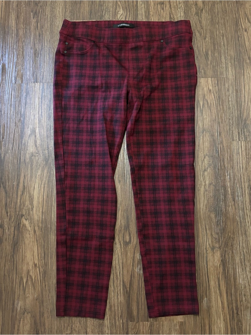 Liverpool Jeans Co Red Black Plaid Skinny Pants Stretch Size 14